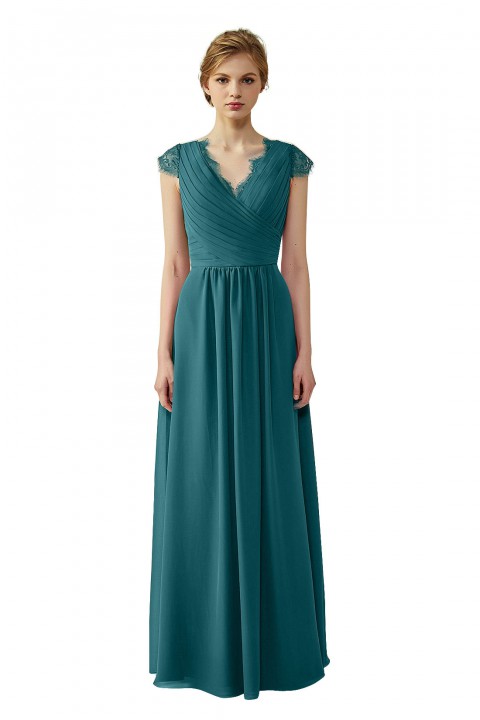 Lace Cap Sleeves  V-Neck Lace Back Closure with Keyhole Bridesmaid Dress