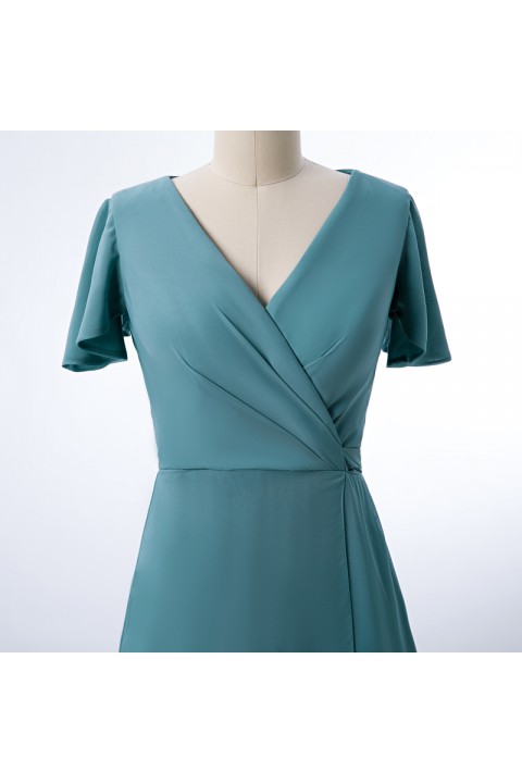 V-neck Short Sleeves Side Slit Skirt Chiffon Bridesmaid Dress with Belt