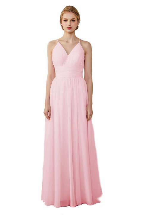 Spaghetti Straps V-Neck Bridesmaid Dress Open Back with Triangle Lace Detail