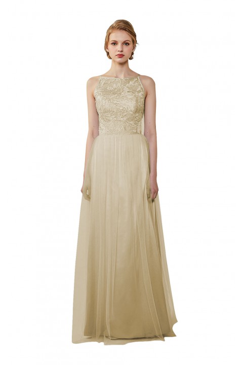 Tulle Lace Illusion Boatneck and Back Bridesmaid Dress with Keyhole 