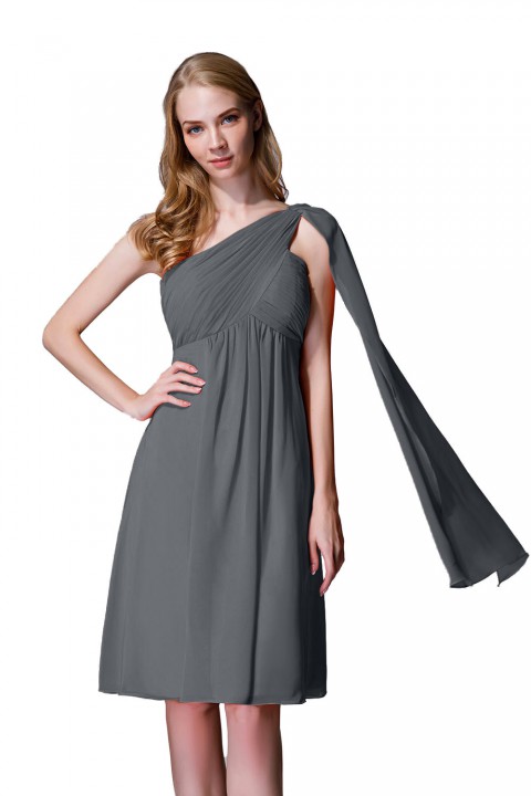 One-Shoulder Pleated Chiffon Short Bridesmaid Dress With Flowing Cape