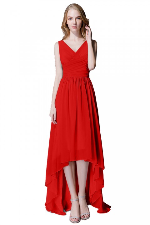 Romantic High-Low V-Neck Chiffon Ruched Bridesmaid Dress