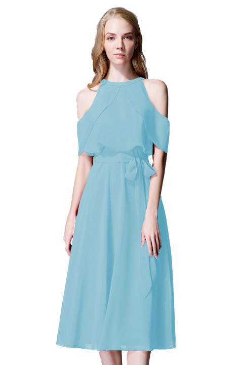 Flirty Off Shoulder Chiffon Ruffled Detachable Belt Bridesmaid Dress Short