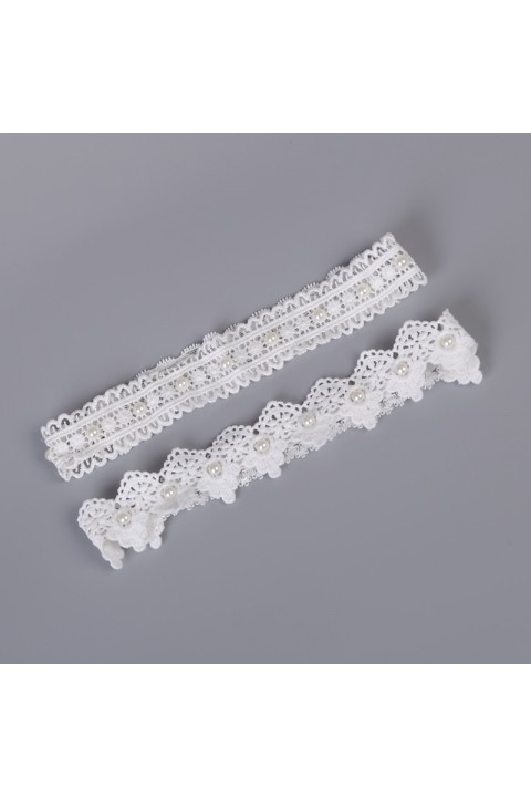Lace Crochet Pearl Decor Elastic Bridal Garter Set