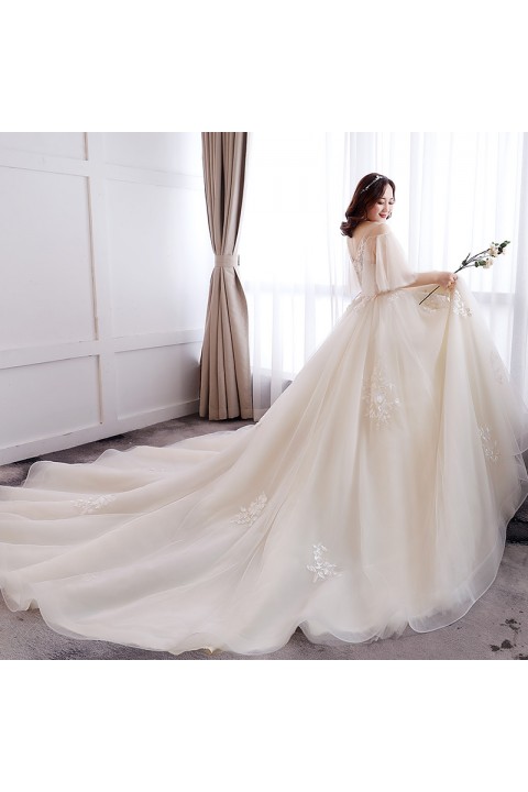 Plus Size 2021 Open Shoulder Double V Neck Tulle Sleeves Sequined Decor Embroidered Flower Tulle Wedding Dress With Long Train