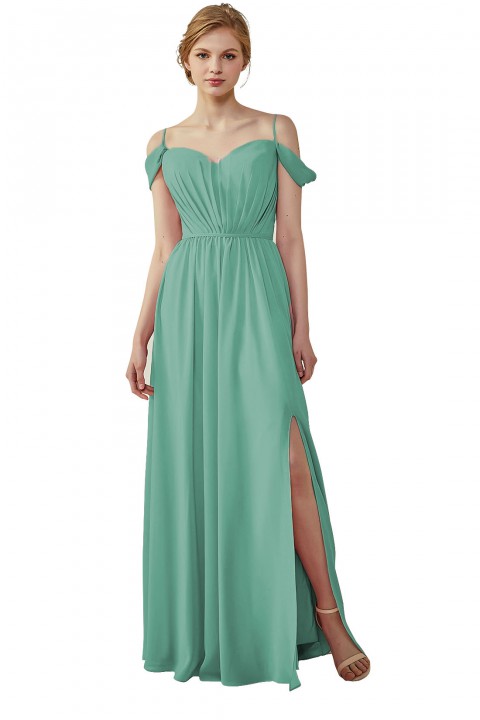 A-Line Cold Shoulder Spaghetti Straps Chiffon Bridesmaid Dress with Side Slit