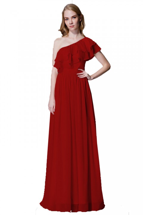 Asymmetrical One-Shoulder Flounce Chiffon Bridesmaid Dress Long