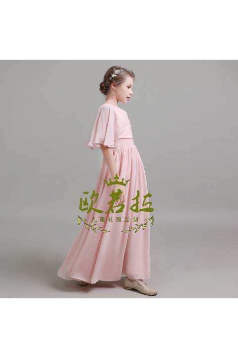 Round Neck Cap Sleeve Chiffon Junior Bridesmaid Dresses