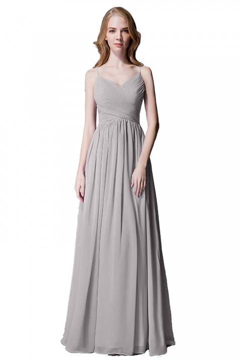 Spaghetti Straps Pleated Chiffon Bridesmaid Dress with Lace Open Back