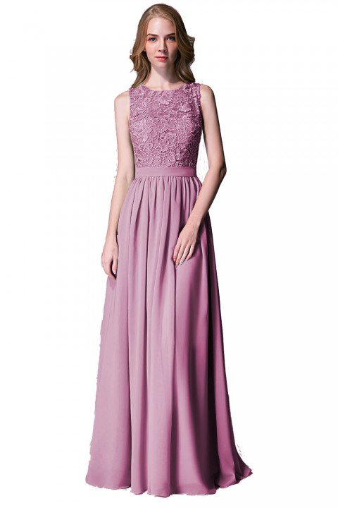 Lace Upper Bodice Illusion Scoop Neck Chiffon Bridesmaid Dress Sleeveless