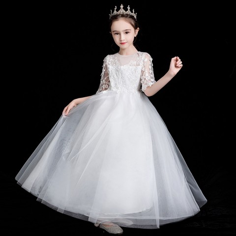 Elegant White Long Sleeves Princess Tulle Skirt  Flower Girl Dresses