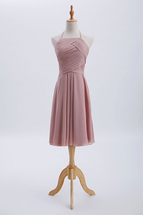 Elegant Halter Tea Length Pleated Chiffon Bridesmaid Dress with Tie Back