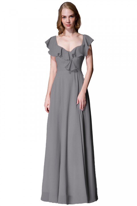 V Neck Cascading Ruffles Sleeve Bow Back Bridesmaid Dress 