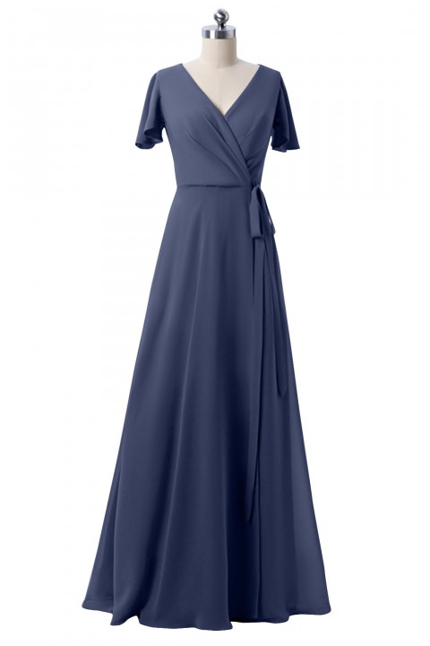 V-neck Short Sleeves Side Slit Skirt Chiffon Bridesmaid Dress with Belt