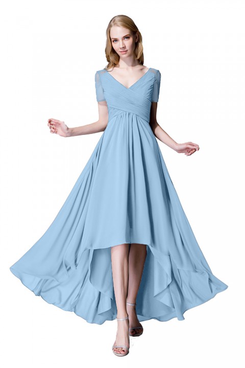 Criss Pleated V-neck High-low Chiffon Bridesmaid Dress with Illusion Sleeves