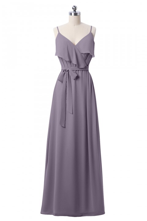 Spaghetti Straps Scoop Back Ruffled Chiffon Bridesmaid Dress with Sash