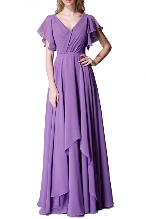 Flutter Sleeve Chiffon Ruched V Back Bridesmaid Dress Long