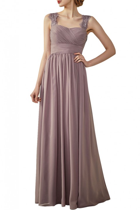 Pleated Long Chiffon Open Back Lace Strap Bridesmaid Dress