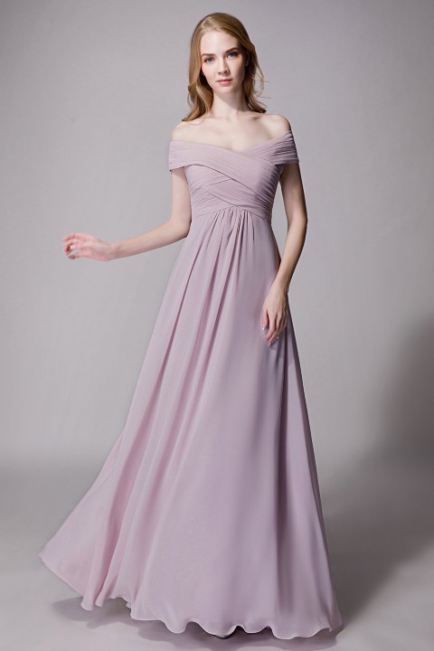 Crisscross Off-the-Shoulder Pleated V-back Bridesmaid Dress Long