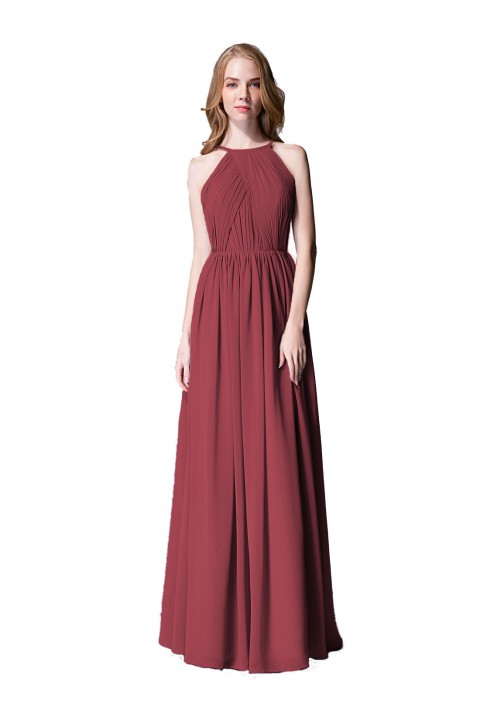 Pleated A-Line Halter Spaghetti-Straps Back Chiffon Bridesmaid Dress