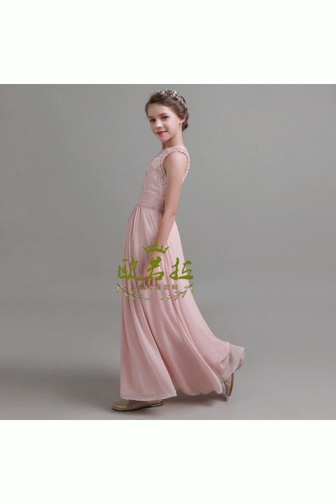 Round Neck Open Fork Design Sleeveless Chiffon Junior Bridesmaid Dresses