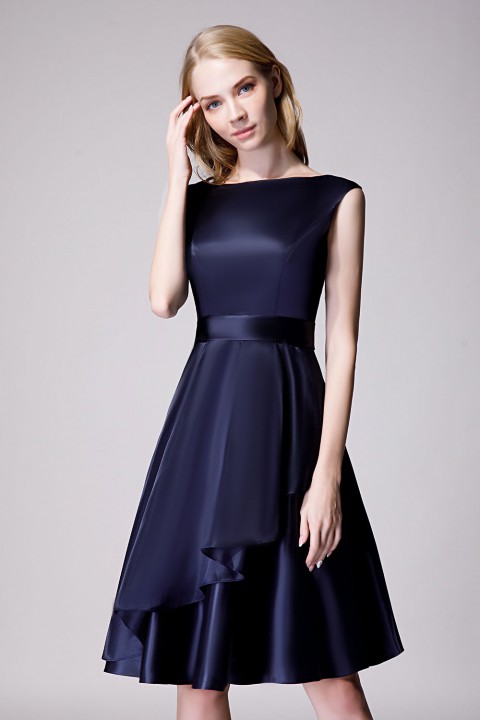 Scoop Neck Knee-Length Satin Bridesmaid Dress With Cascading Ruffles