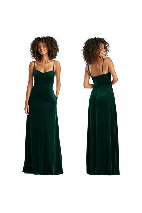 Dark Green Spaghetti Strap High Waist Luxe Velvet Bridesmaid Dress