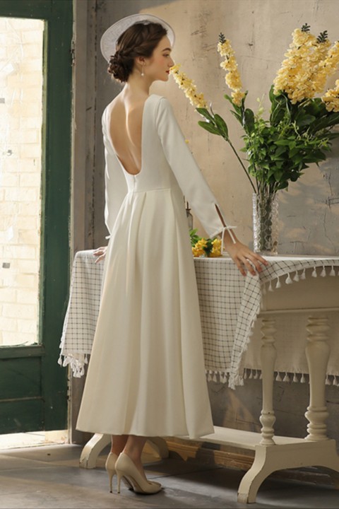 Long Sleeve Deep V Neck & Back Button Casual Satin Wedding Dress