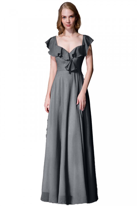 V Neck Cascading Ruffles Sleeve Bow Back Bridesmaid Dress 