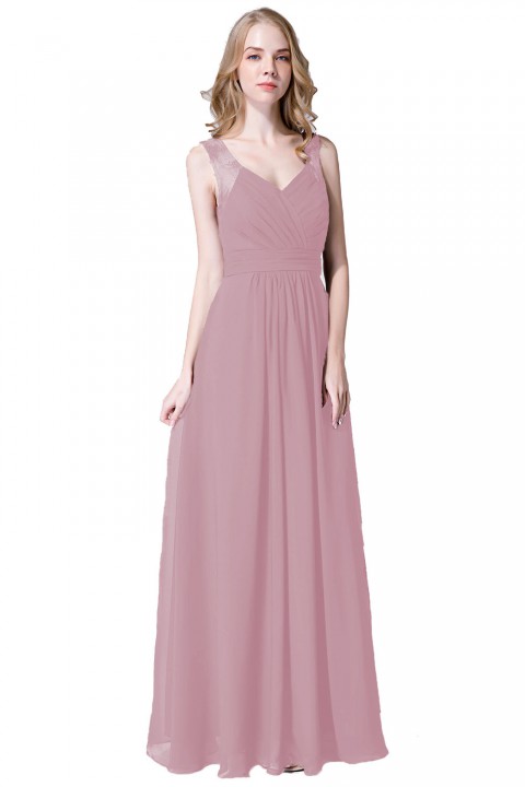 V Neck Illusion Lace Straps Keyhole Back Chiffon Ruched Bridesmaid Dress