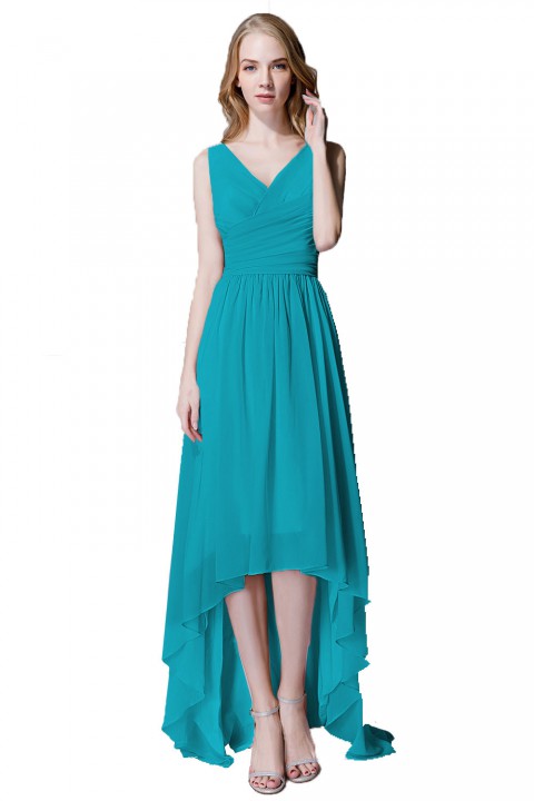 Romantic High-Low V-Neck Chiffon Ruched Bridesmaid Dress