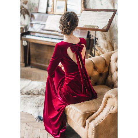 Burgundy V-neck Tie Back Velvet Party Dress