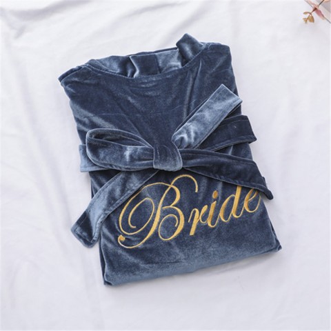 Back Embroidery Tied Waist Long Sleeve Velvet Bride Robe