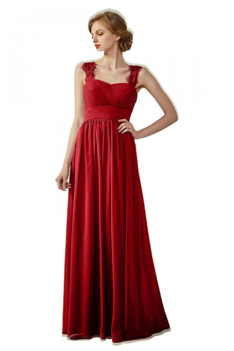 Pleated Long Chiffon Open Back Lace Strap Bridesmaid Dress