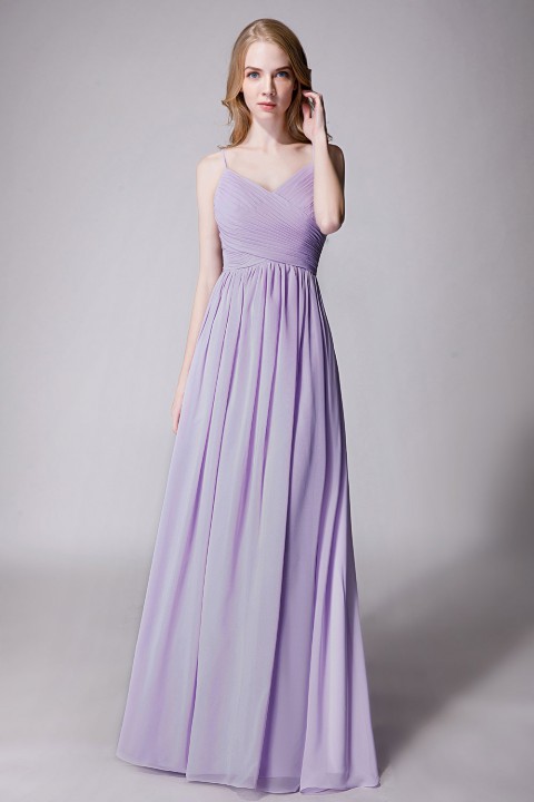 Spaghetti Straps Pleated Chiffon Bridesmaid Dress with Lace Open Back