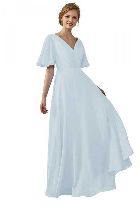 Casual V-Neck Flutter Sleeves Chiffon Ruched Bridesmaid Dress with Keyhole Back