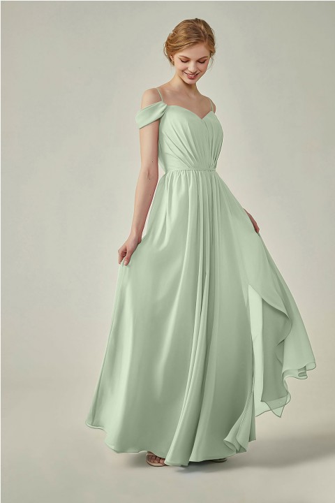 A-Line Cold Shoulder Spaghetti Straps Chiffon Bridesmaid Dress with Side Slit