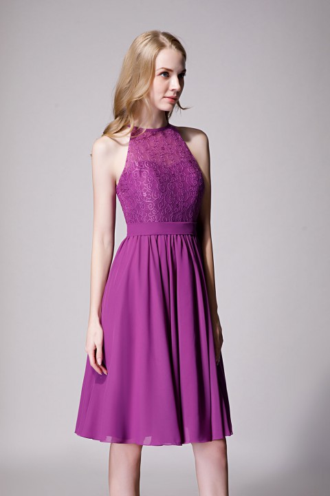 Illusion High Neck Halter Lace Short Bridesmaid Dress with Tie Detail