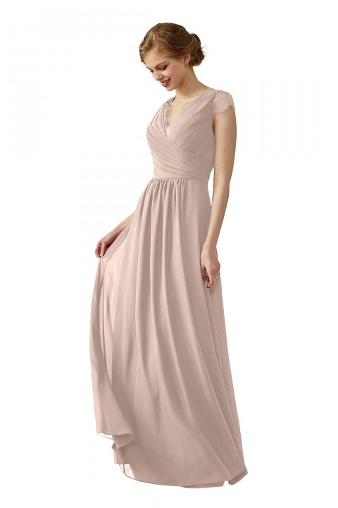 Lace Cap Sleeves  V-Neck Lace Back Closure with Keyhole Bridesmaid Dress