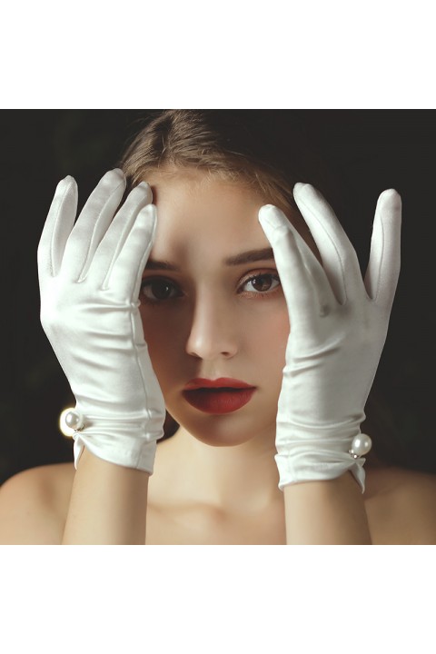 White Big Pearl Decor Soft Satin Wedding Bridal Gloves