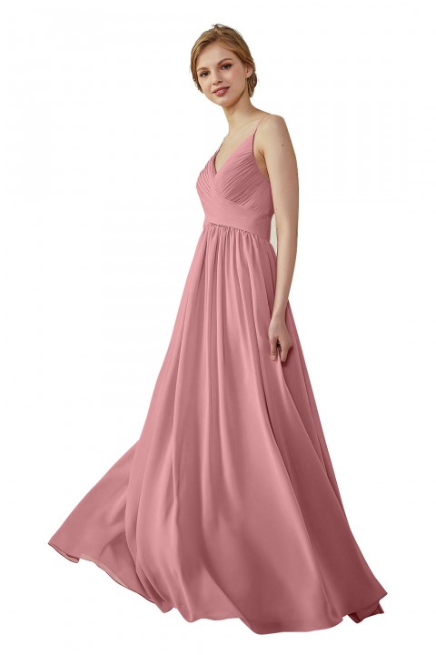 Spaghetti Straps Pleated Low V Back Bridesmaid Dress