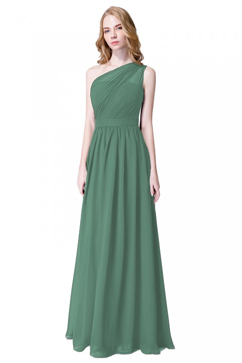 Illusion One-Shoulder Chiffon Pleated Bridesmaid Dress Long