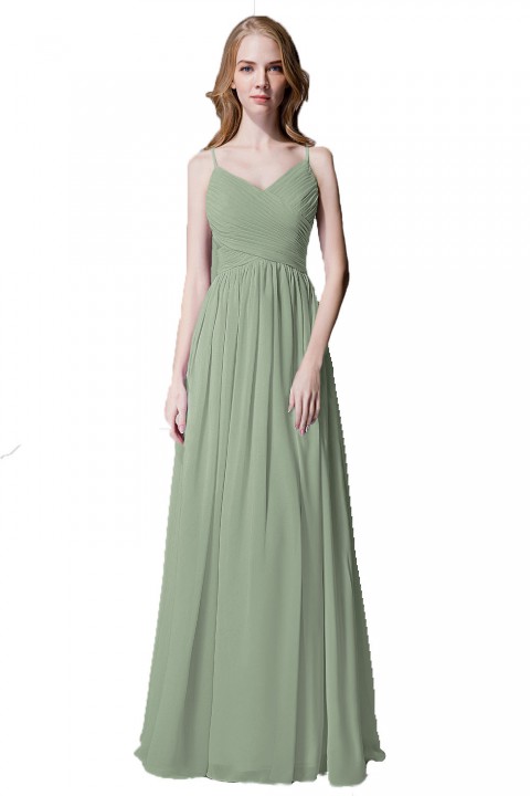 Spaghetti Straps Pleated Chiffon Bridesmaid Dress with Lace Open Back