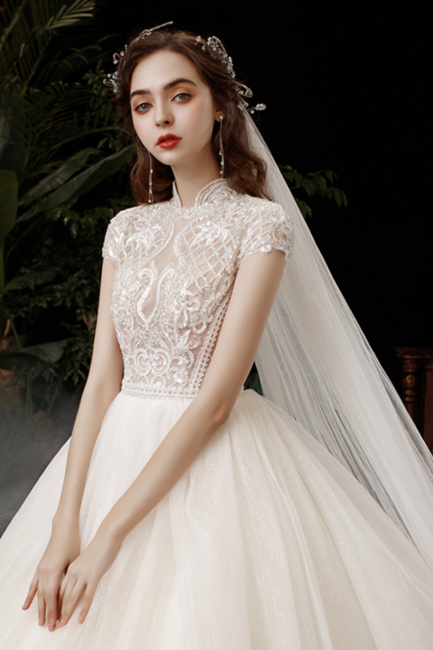2021 New Short Sleeves Embroidery Sequin Decor Tulle Wedding Dress With Long Train