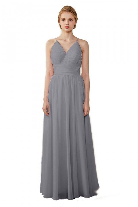 Spaghetti Straps V-Neck Bridesmaid Dress Open Back with Triangle Lace Detail