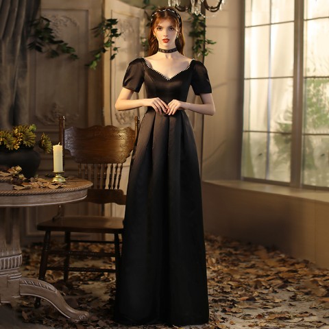 Black Heart Neck Cap Sleeves Pearl Decor Satin Party Dress