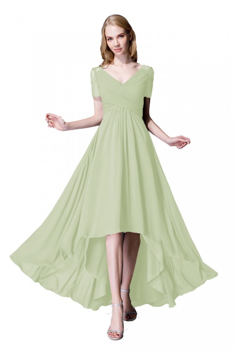 Criss Pleated V-neck High-low Chiffon Bridesmaid Dress with Illusion Sleeves