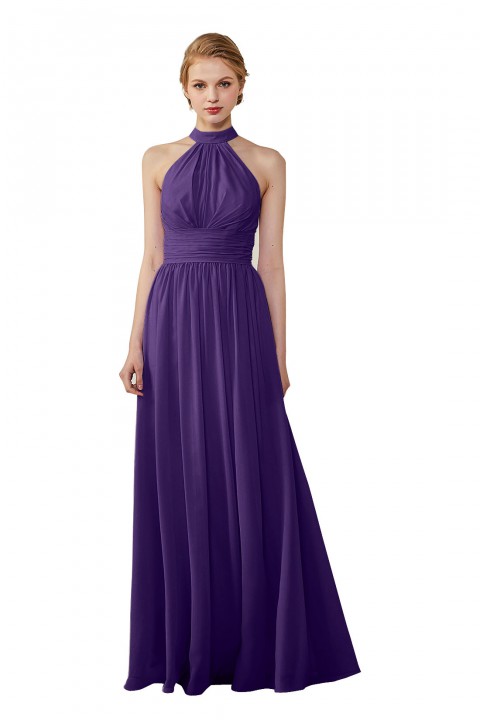 High Neck Chiffon Lace Triangle Back Halter Bridesmaid Dress