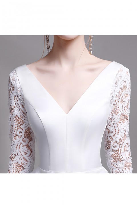 Lace Long Sleeve V Neck & Back A-Line Satin Wedding Dress