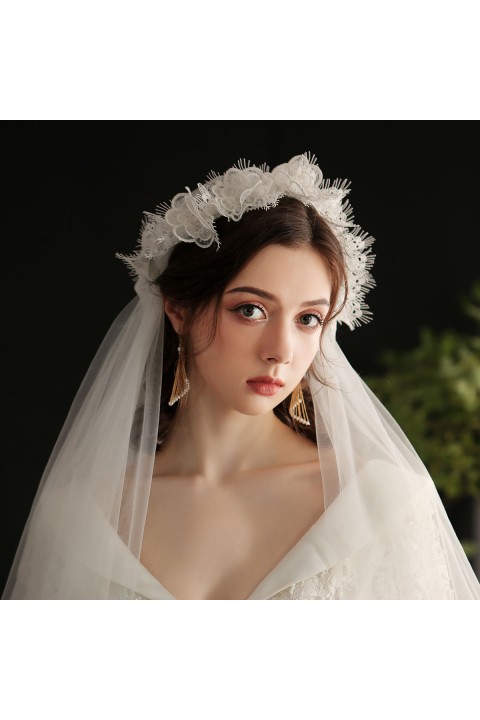 Vintage Lace Flower Shape Decor Soft Tulle Long Wedding Bridal Veil